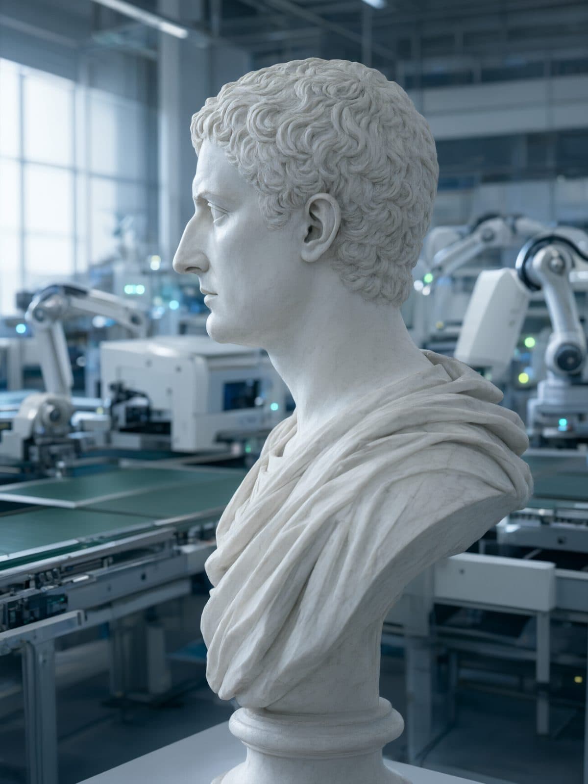 A Roman marble bust inside a modern plant, the machinery blurred behind