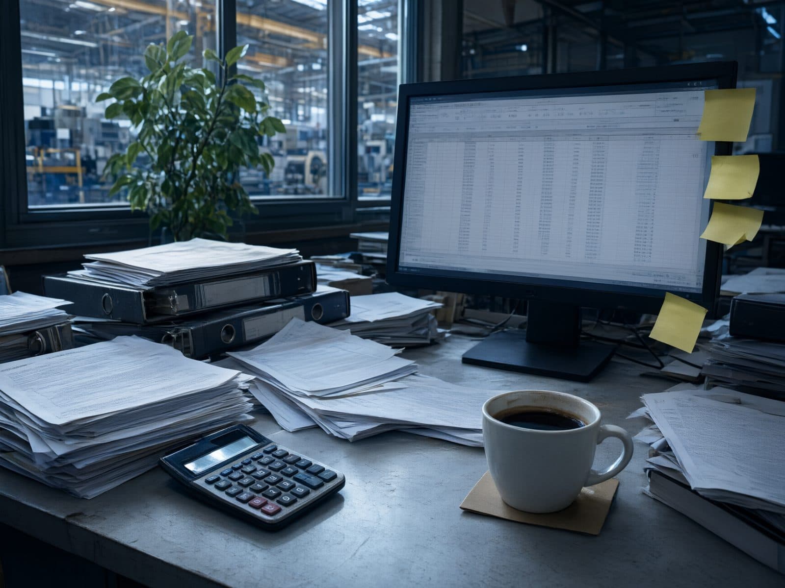 A quality-office desk with paper forms, sticky notes and binders, and a spreadsheet on the monitor
